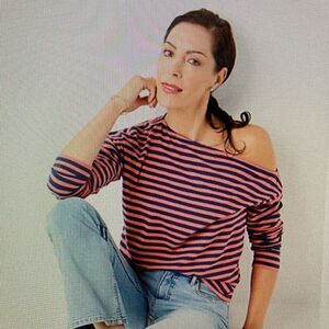 Candace Cameron Bure Womens Off Shoulder Striped Top L Navy Pink Long Sleeve‎